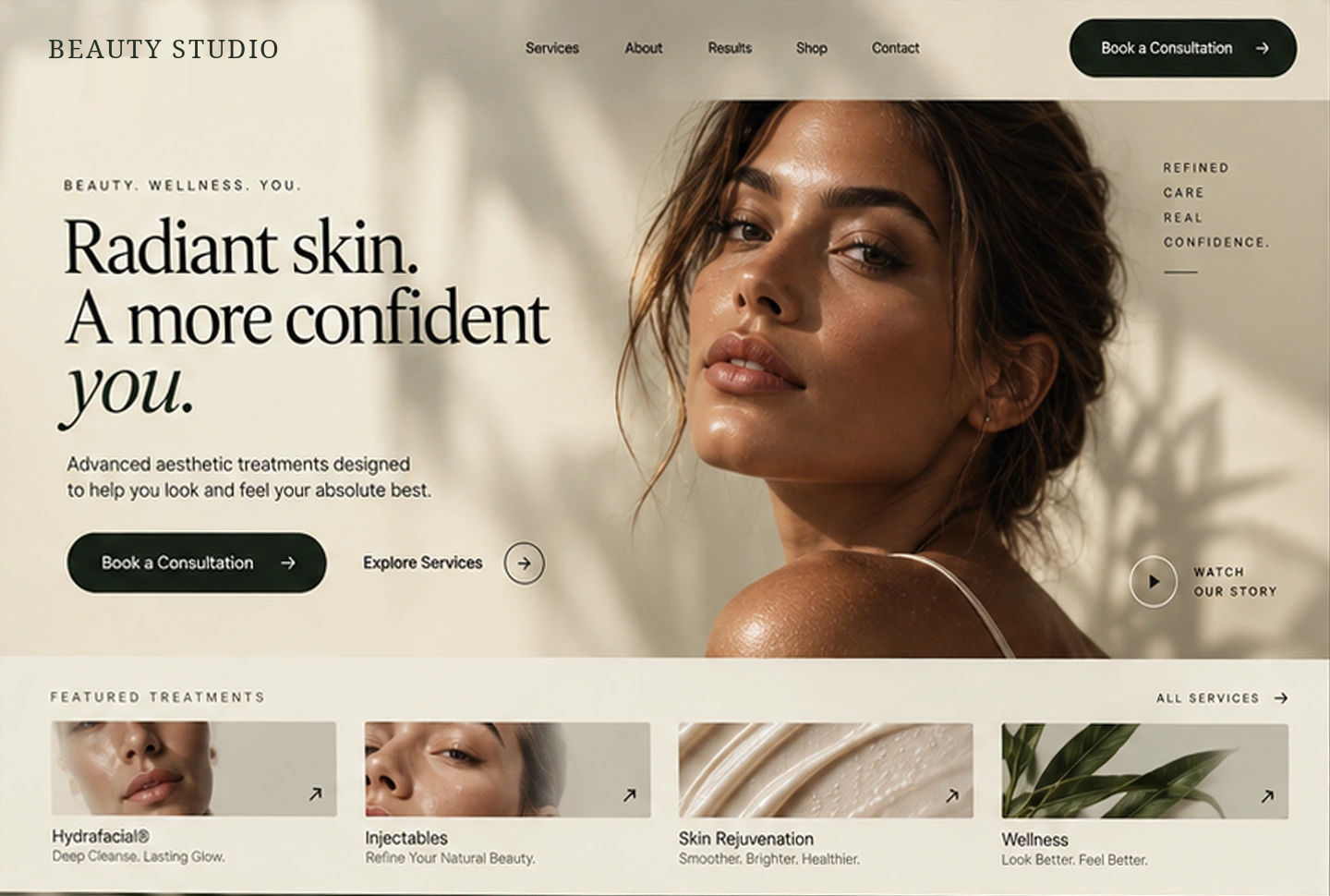 A premium beauty website concept with warm photographic art direction, elegant typography, and a clear treatment collection.